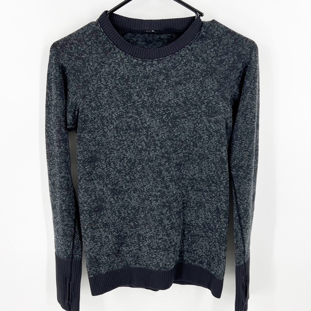 ✅ LULULEMON CREW Rest Less Black Gray Print Thumb Hole Sleeve SWEATER SIZE 2